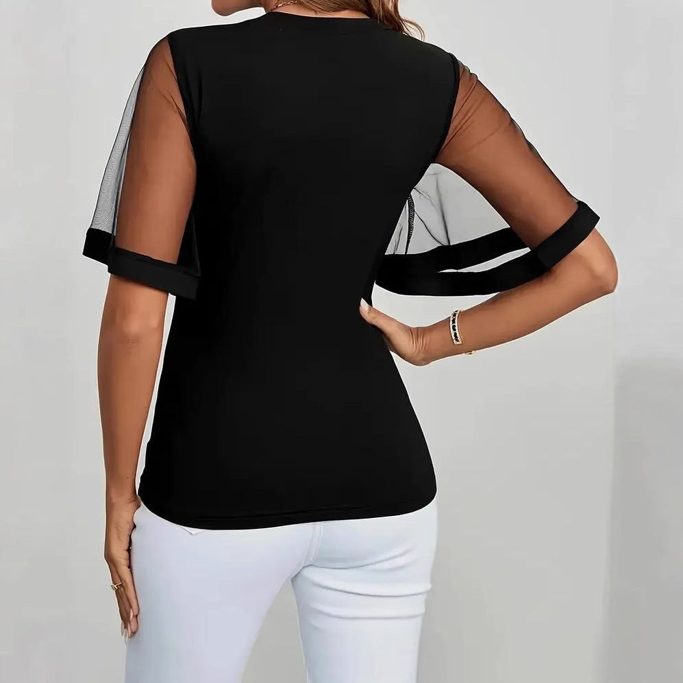 Women's Casual Mesh Stitching Transparent Bell Sleeve Women's T-shirt