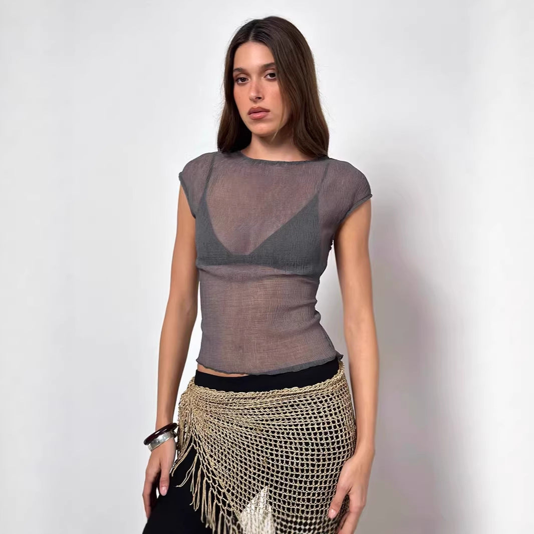 Women's Solid Color Splicing Pullover French Square Lace Shirt, Chiffon Shirt