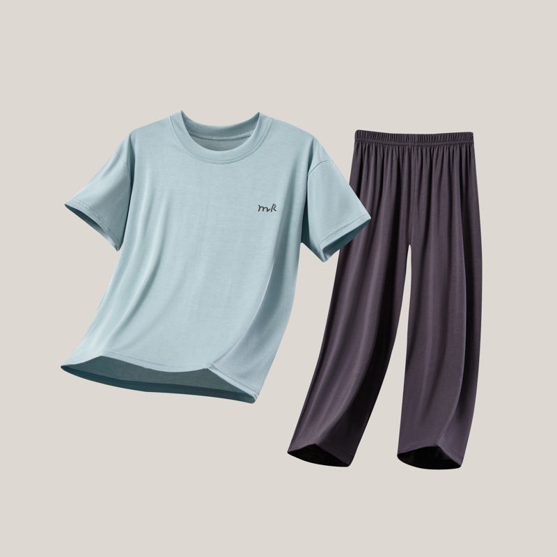 Neck Medium Large Boys Elastic Short-sleeved Trousers Pajamas Two-piece Children's Suit
