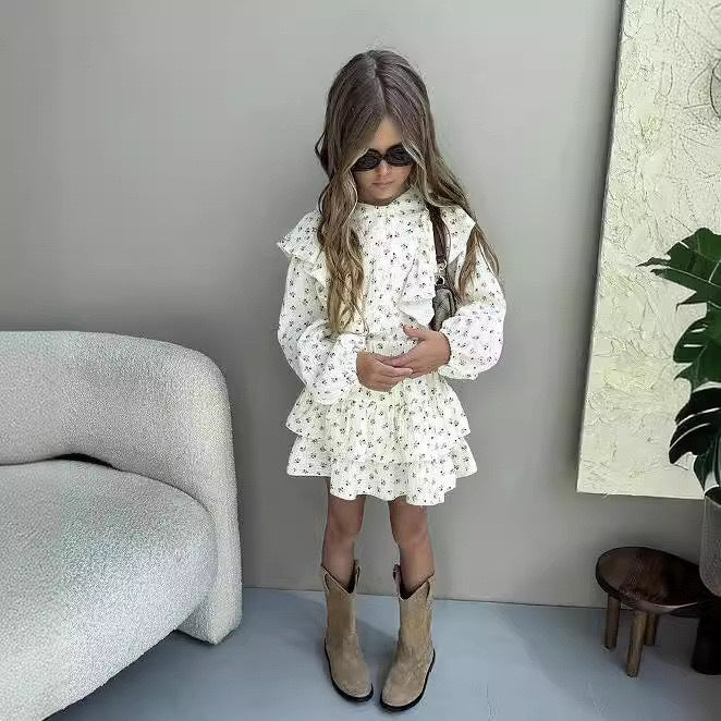 Floral Cotton Linen Lace Shirt Tiered Skirt Children's Suit