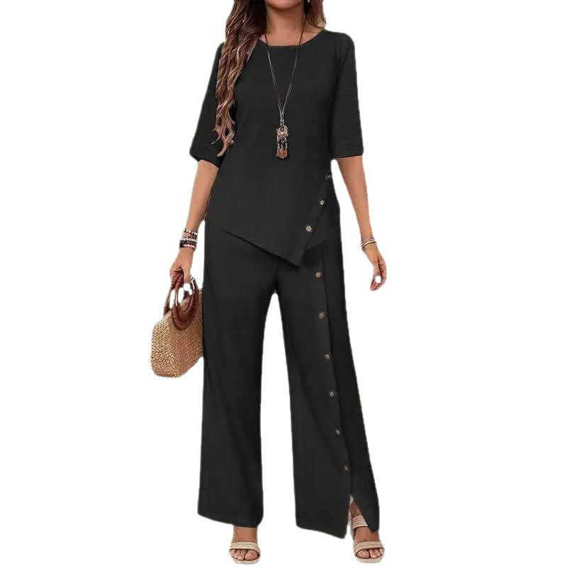 Women's Irregular Hem Trousers Button Half Sleeve Suits