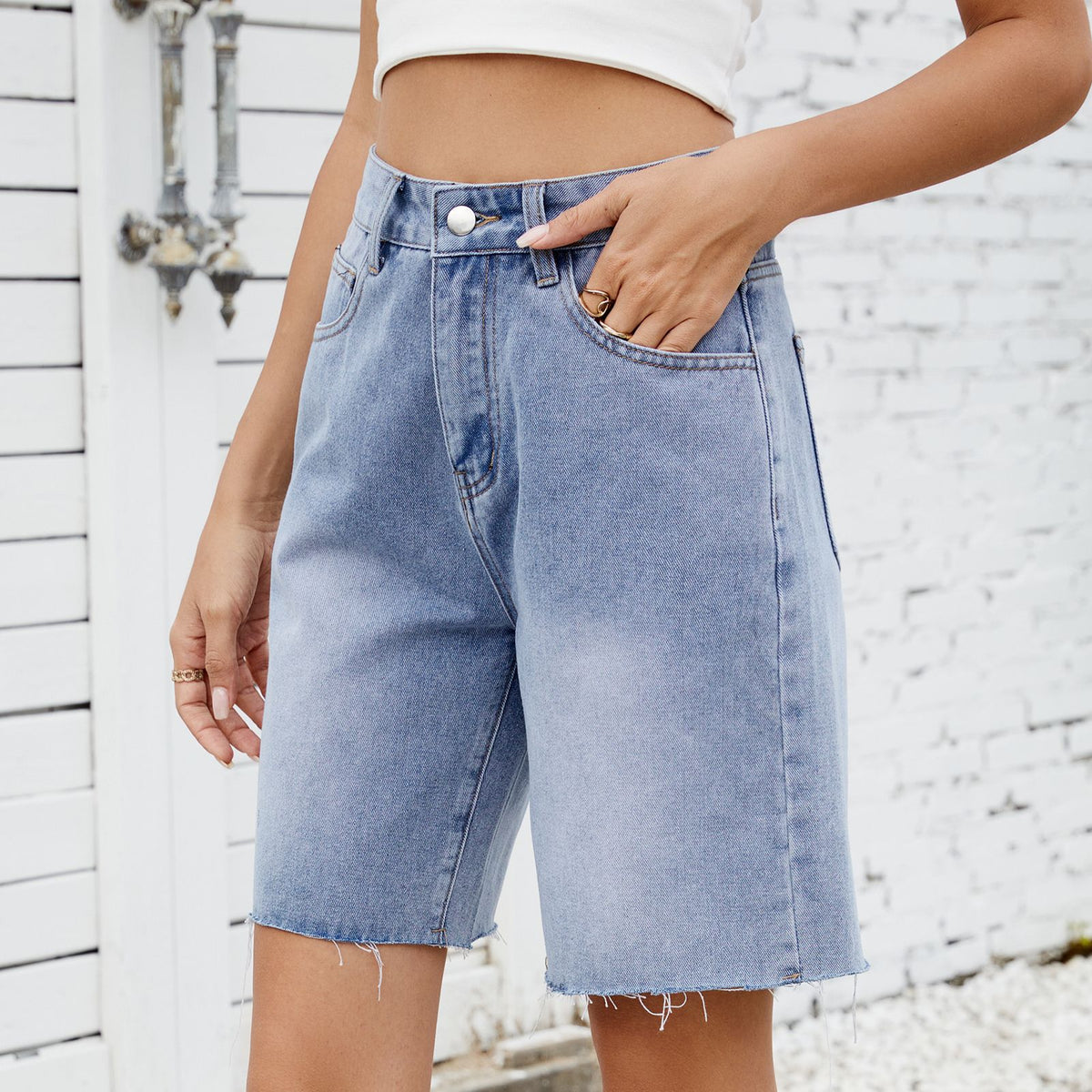 Women's Summer Washed Straight Casual Frayed Denim Shorts
