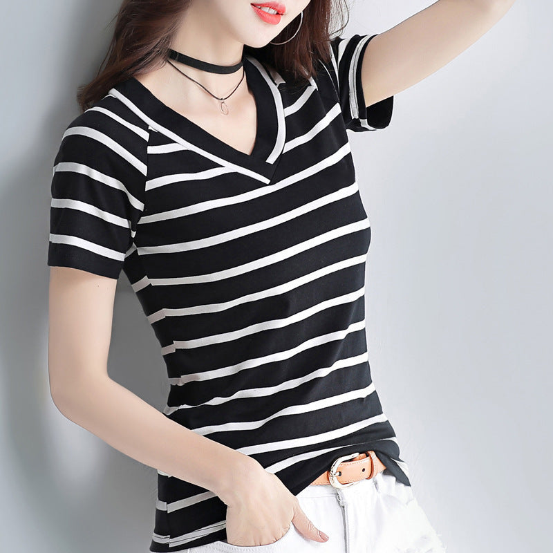 Women's Sleeve Bottoming Shirt Striped Minimalist Solid Women's T-shirt