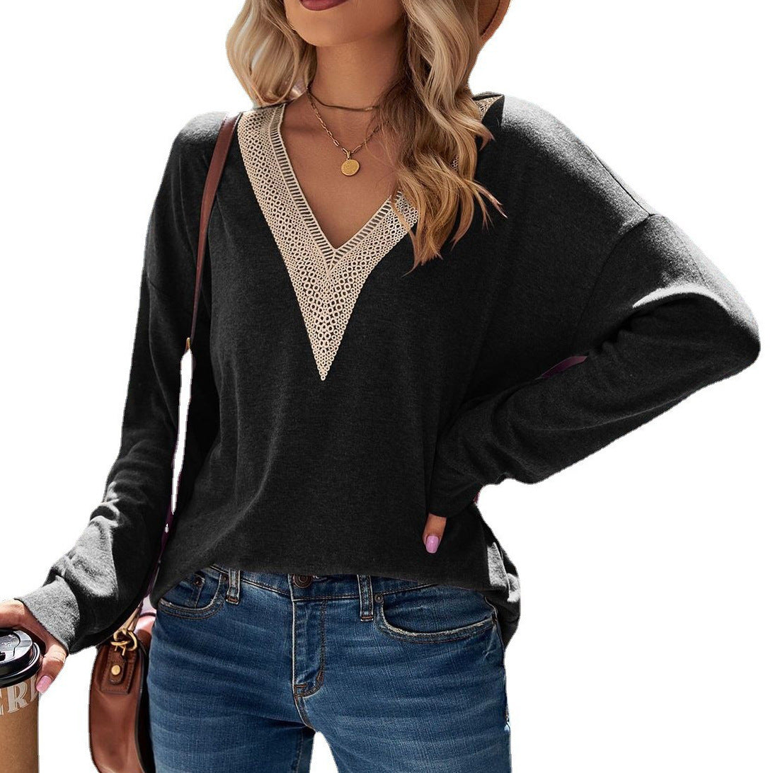 Long Sleeve Lace Solid Color Loose-fitting Sanding Women's T-shirt