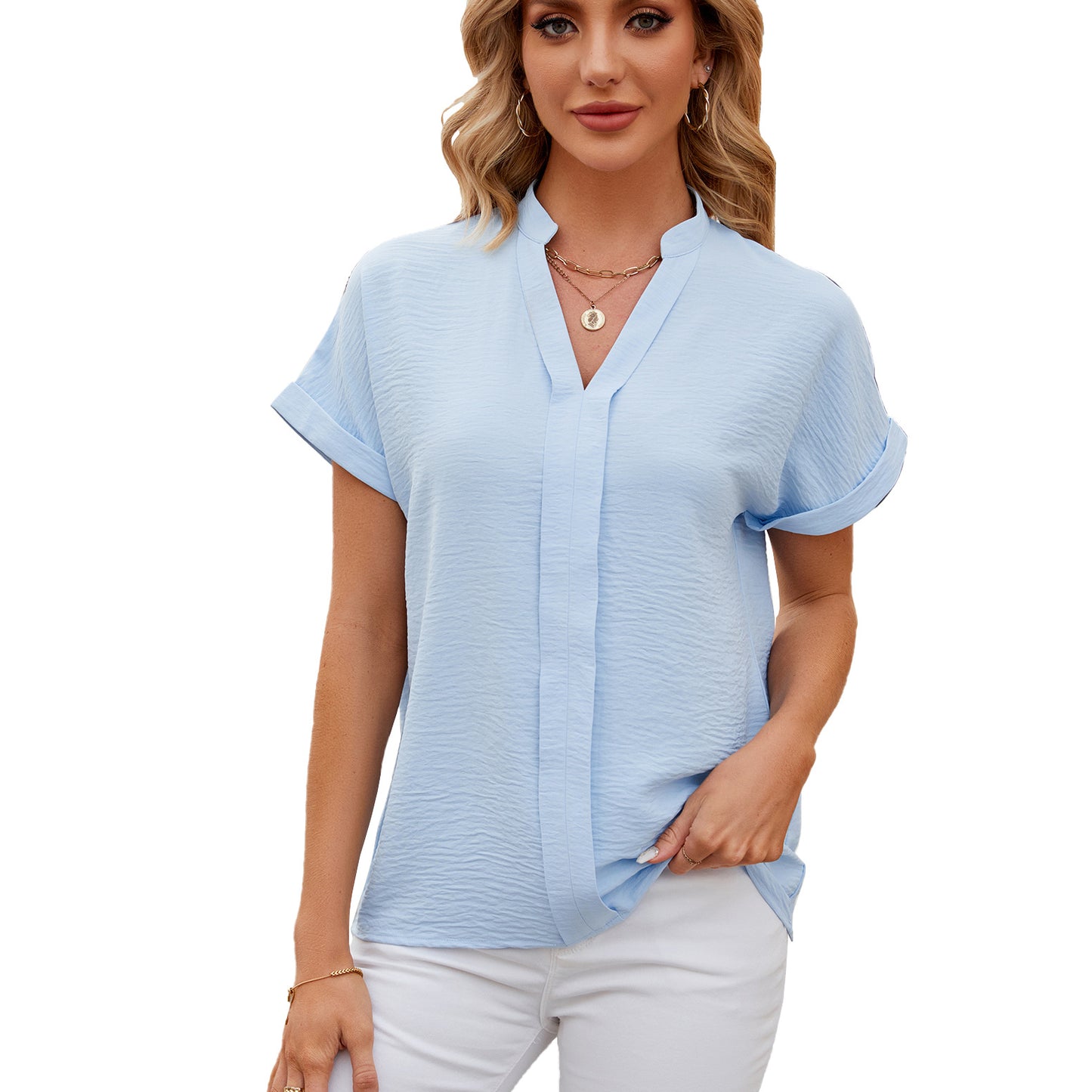 Glamorous Solid Color Sleeve Loose Casual Lace Shirt, Chiffon Shirt