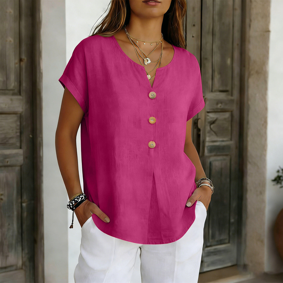 Women's Summer Solid Color Fashion Sleeve Button Cotton Linen Women's T-shirt
