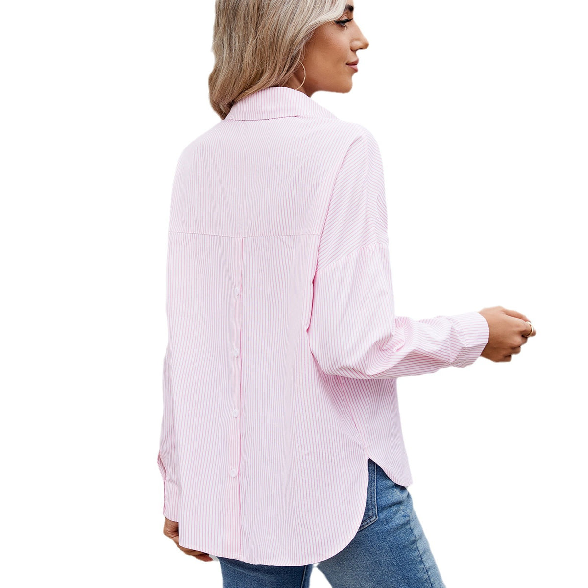 Women's Loose One Breasted Long Sleeve Striped Shirt Blouse