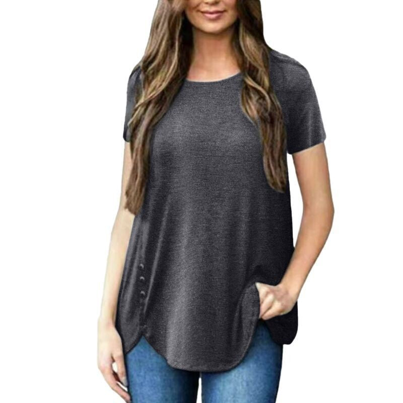 Women's Summer Sleeve Button Round Neck Women's T-shirt
