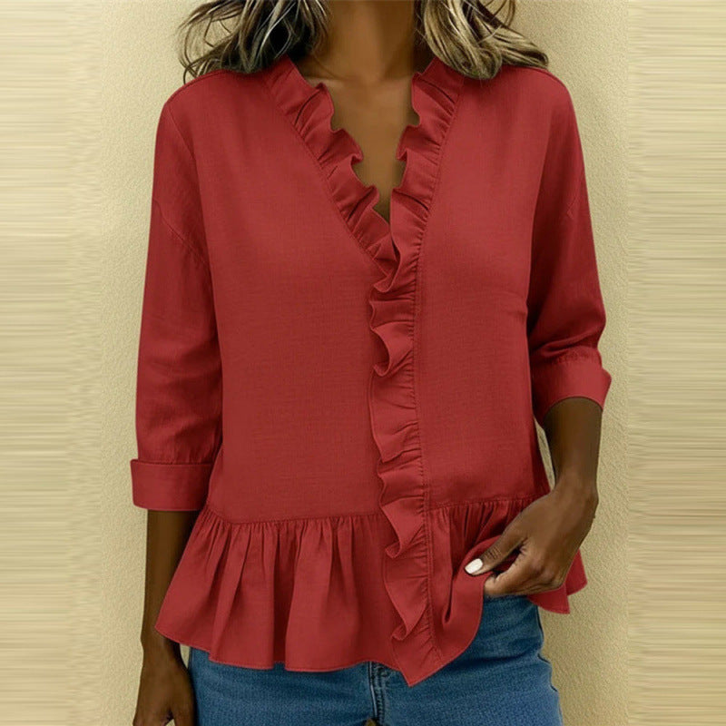 Women's Pure Color Ruffles T-shirt Casual Cropped Sleeves Blouse