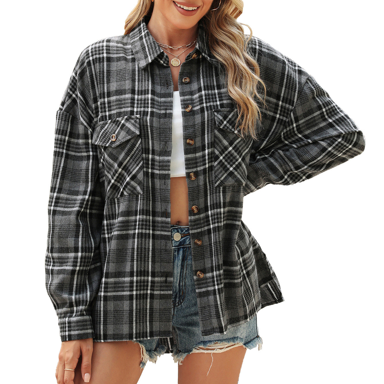 Women's Pocket Loose Long Sleeve Plaid Shirt Blouse