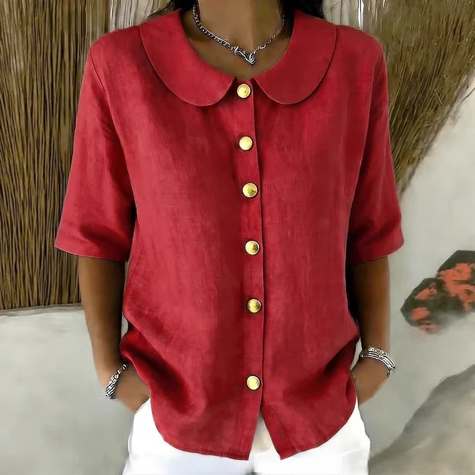 Women's Summer Elegant Fashion Button Linen Short-sleeved Blouse