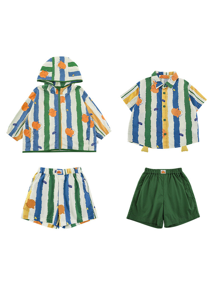 Summer Striped Lapel Shirt Lightweight Shorts Hooded Jacket Children's Suit