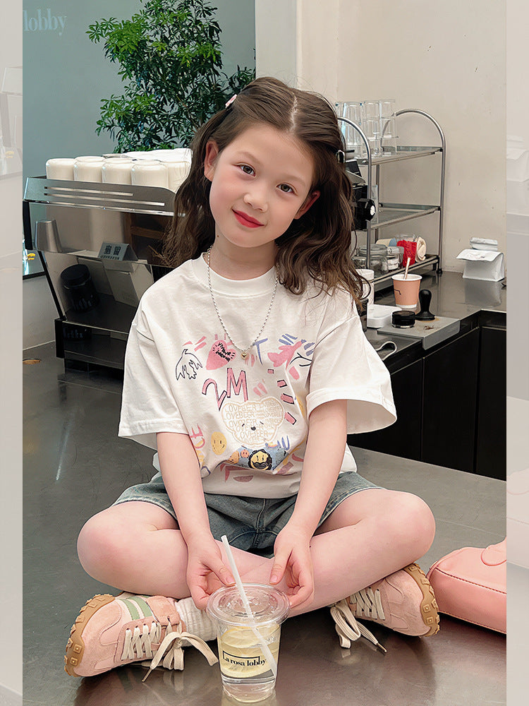 Children's Teenager Clothing Korean Style White Fashionable Short Children's T-shirt