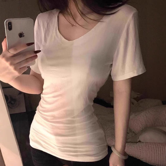 Women's American Retro Shoulder Summer Thin Pure Desire Slim Waist Trimming Women's T-shirt