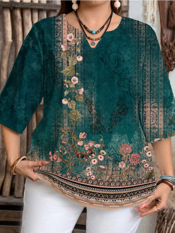Women's Casual Printed Fastener Decoration Loose Sleeves Large Size T-shirt