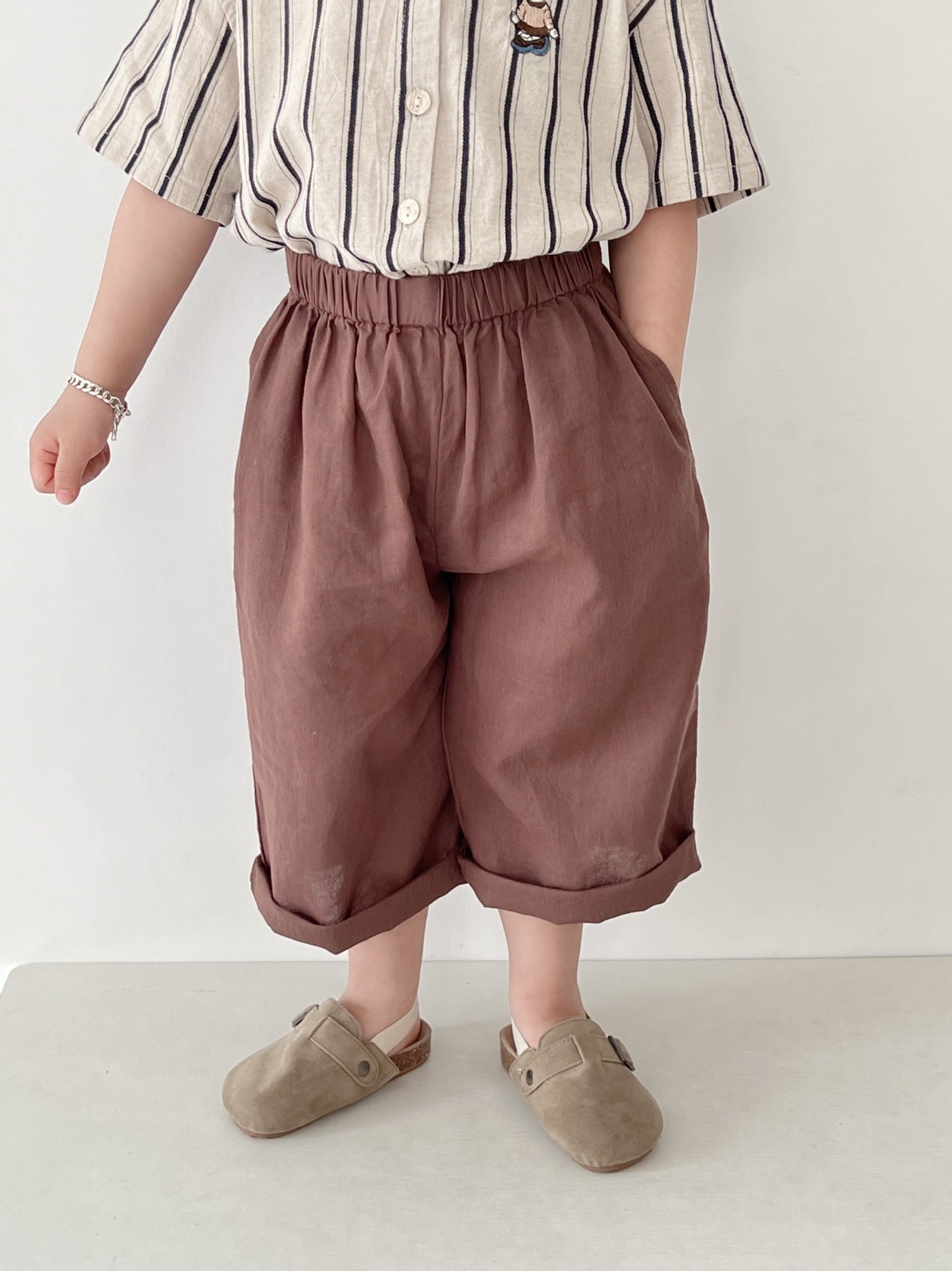 Children's Spring Cotton Linen Trousers Korean Style Retro Solid Color Straight Children's Pants