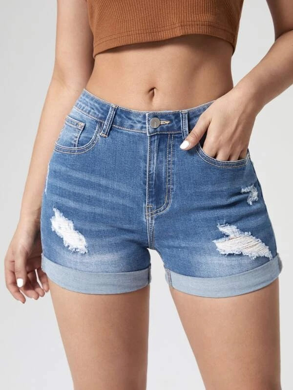 Women's Ripped Curling High Elastic Waist Denim Hot Women's Jeans