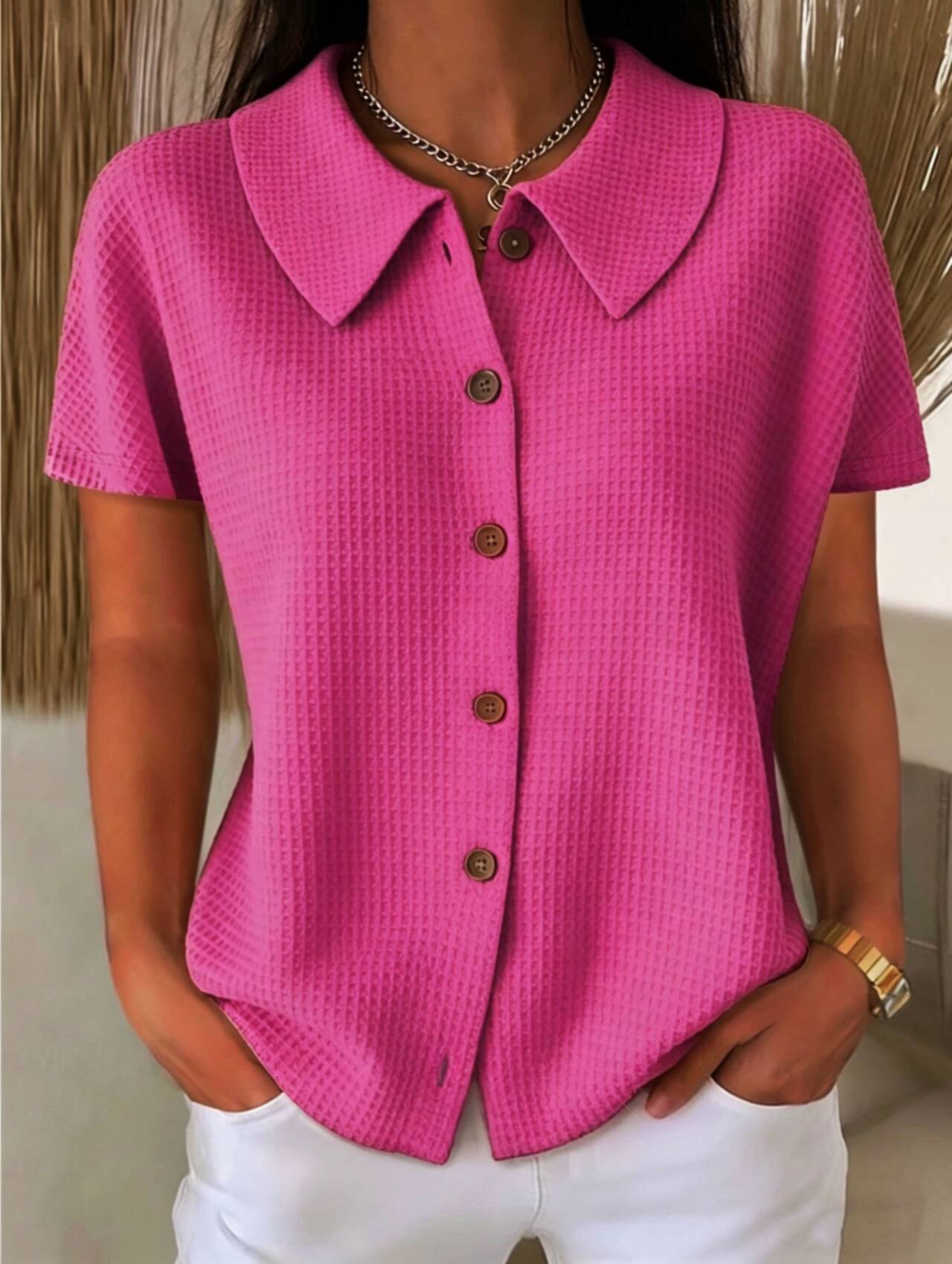 Fashion Elegant Lapel Waffle Solid Color Casual Sleeve Shorts