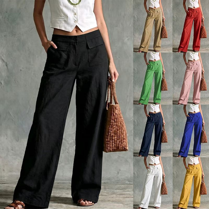 Women's Solid Color Cotton Linen Loose Trousers Casual Pants