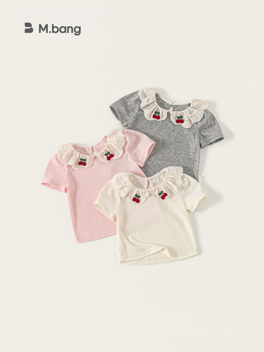Children's Clothing Summer Lace Collar Short Sleeve Pure Color Children's T-shirt
