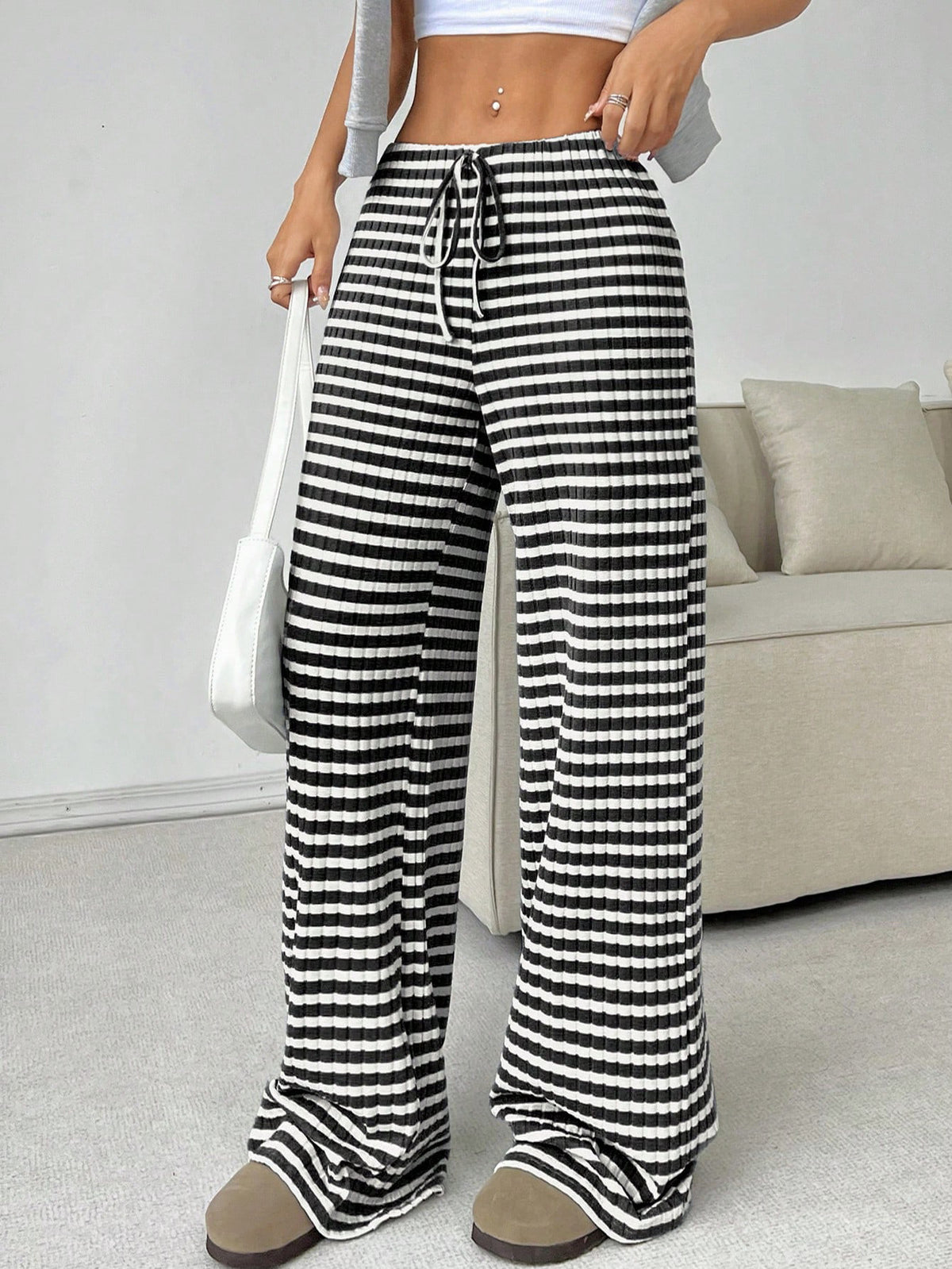 Women's Striped Solid Color Rubber Band Drawstring Casual Pants