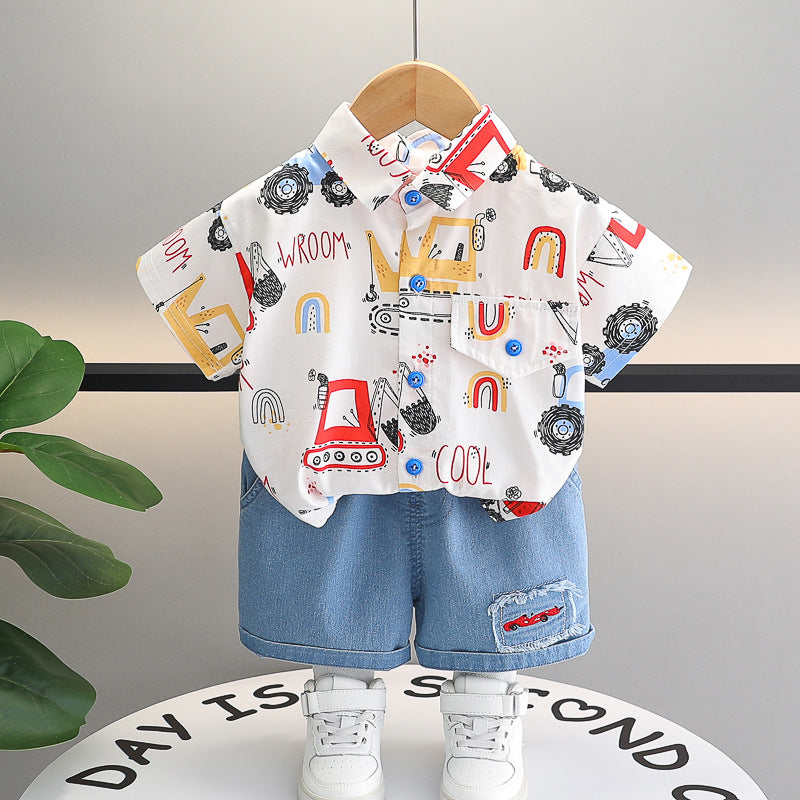 Summer Printed Lapel Shirt Short-sleeved Casual Denim Children's Suit