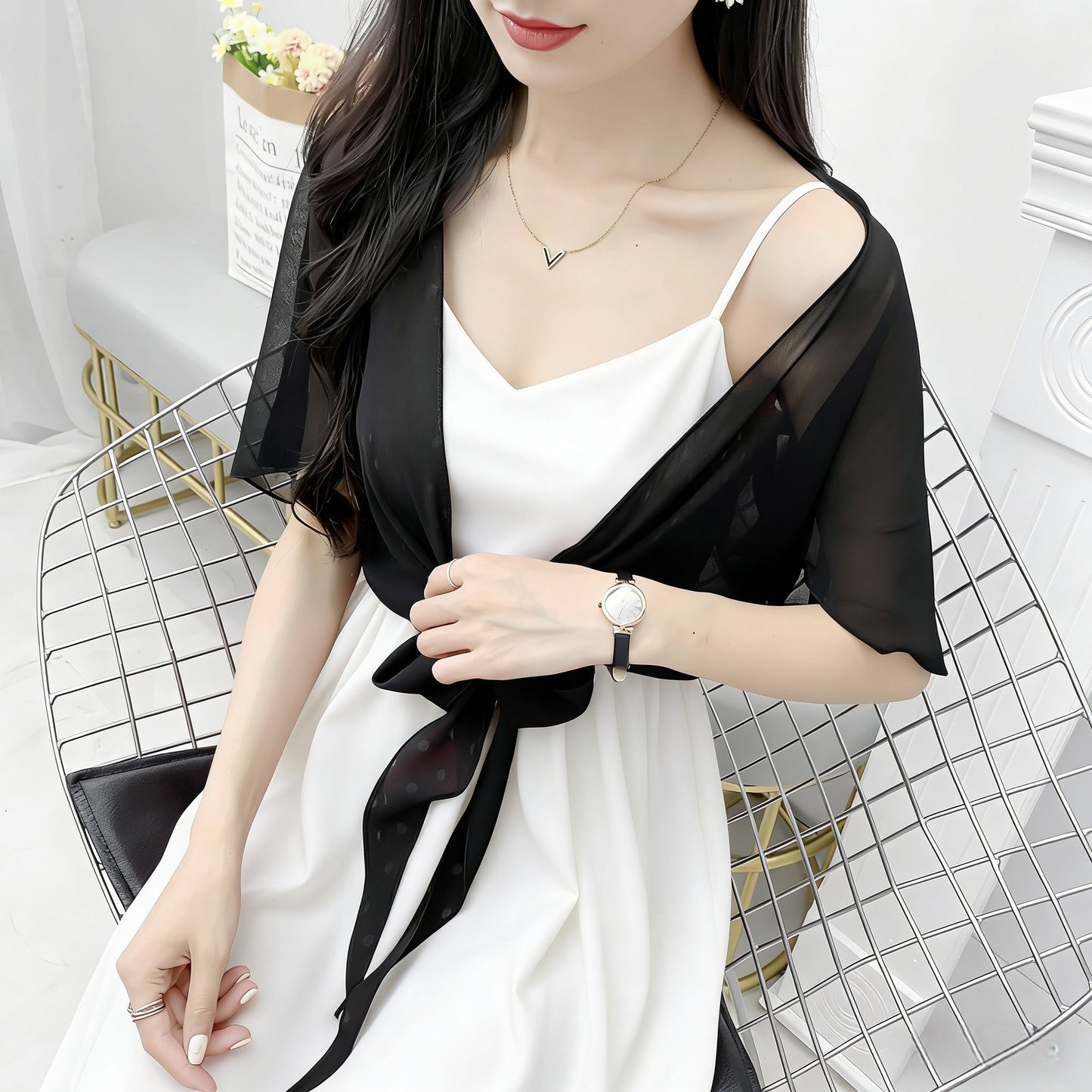 Women's Fashionable Outer Wear Shawl Summer Matching Lace Shirt, Chiffon Shirt