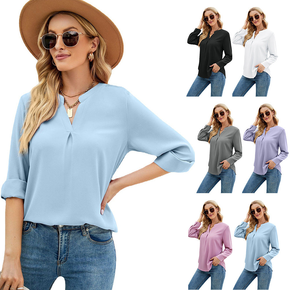 Women's Color Chiffon Shirt Loose Pullover Long Tops