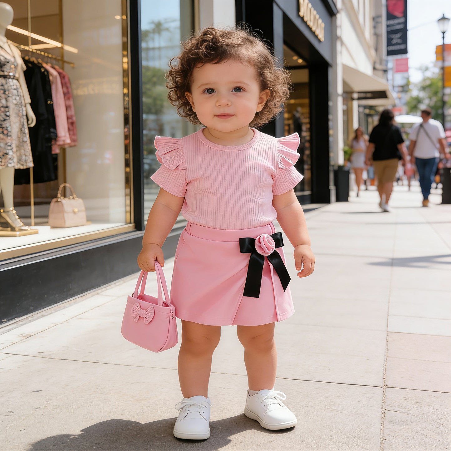 Summer Short Sleeve Sunken Stripe Top Bow Flower Bag Three-piece Children's Suit