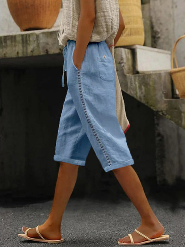 Summer Fashion Woven Cotton Linen Side Lace Hollowed Shorts