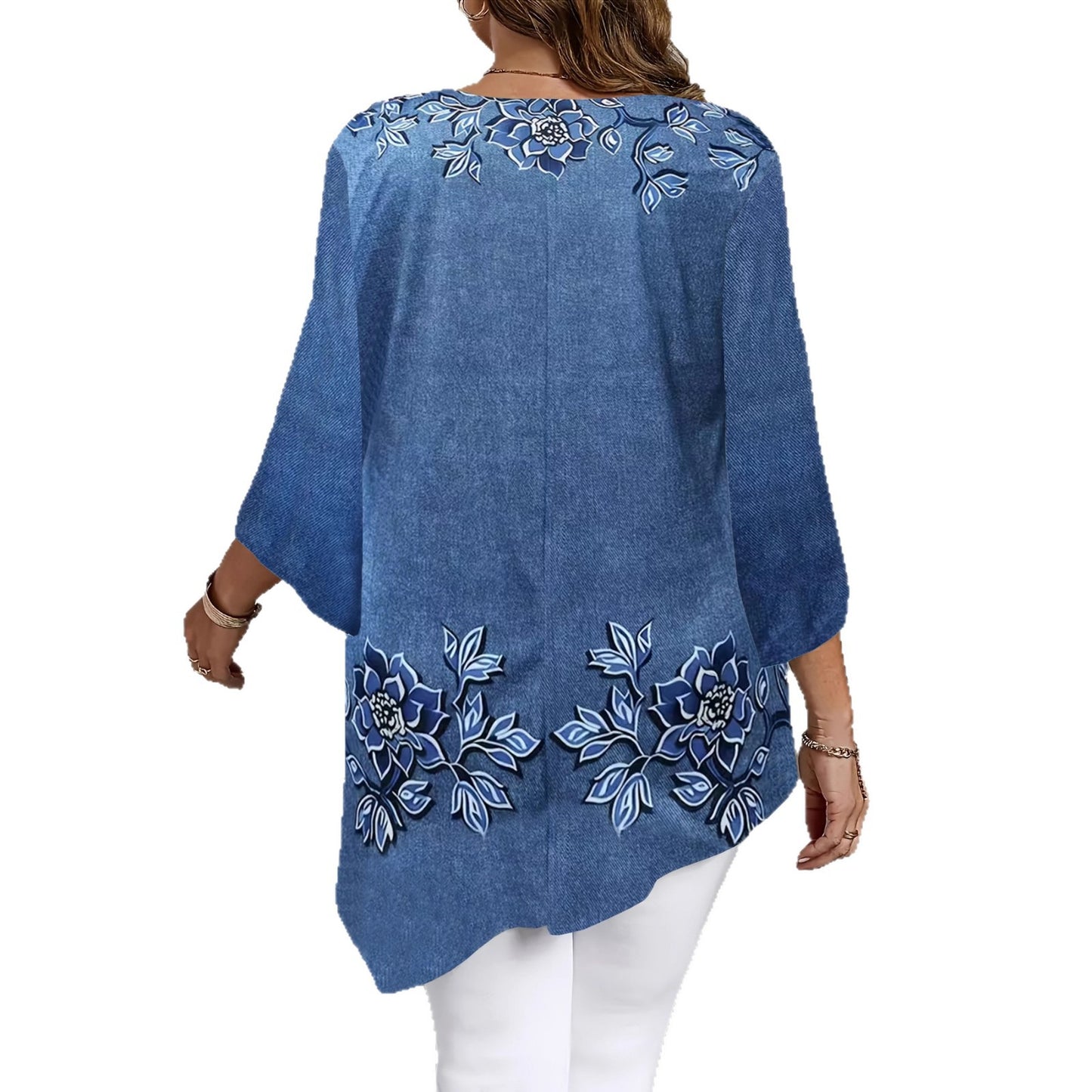 Summer Casual Flower Print Round Neck Large Size T-shirt