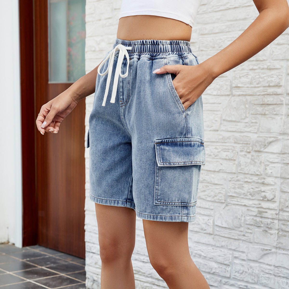 Women's Washed Tied Elastic Waist Denim Fashion Women's Jeans