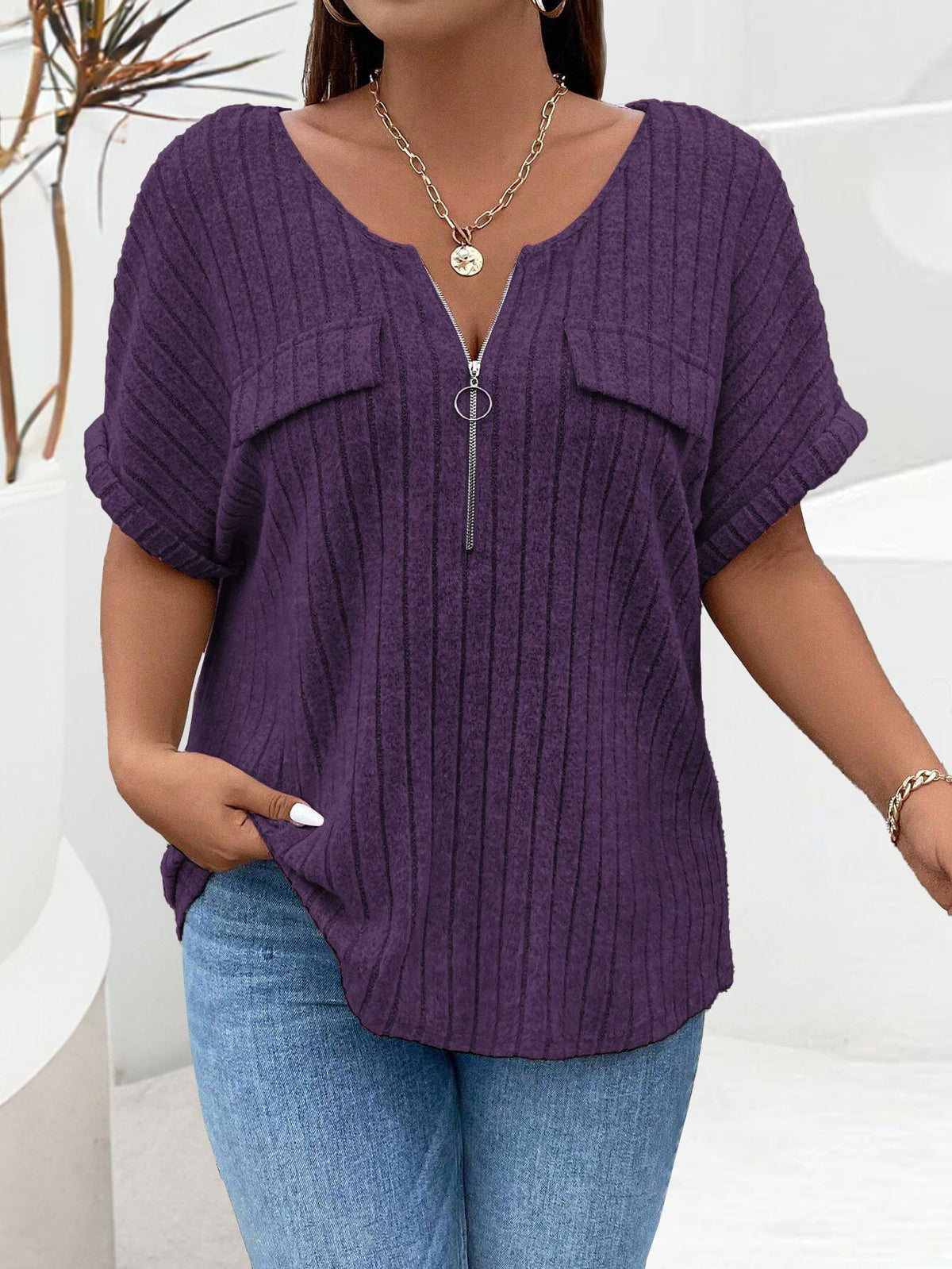 Women's Solid Color Clothes Zipper Sleeve Faux Pocket Pullover Tops