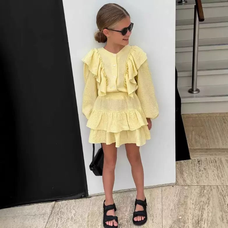Flying Shoulder Sleeve Shirt Lace Skirt British Two-piece Children's Suit