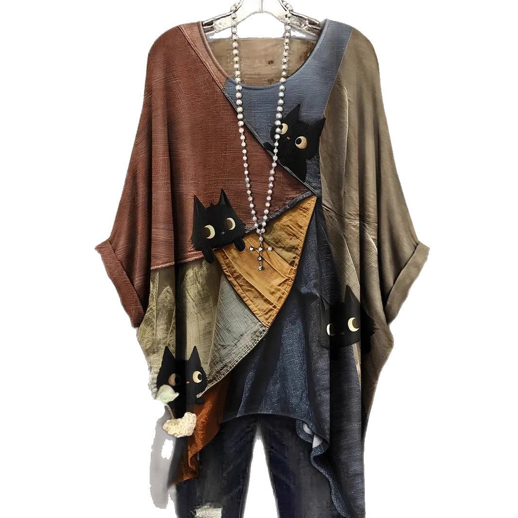 Women's Extra Cartoon Printed Round Neck Summer Large Size T-shirt