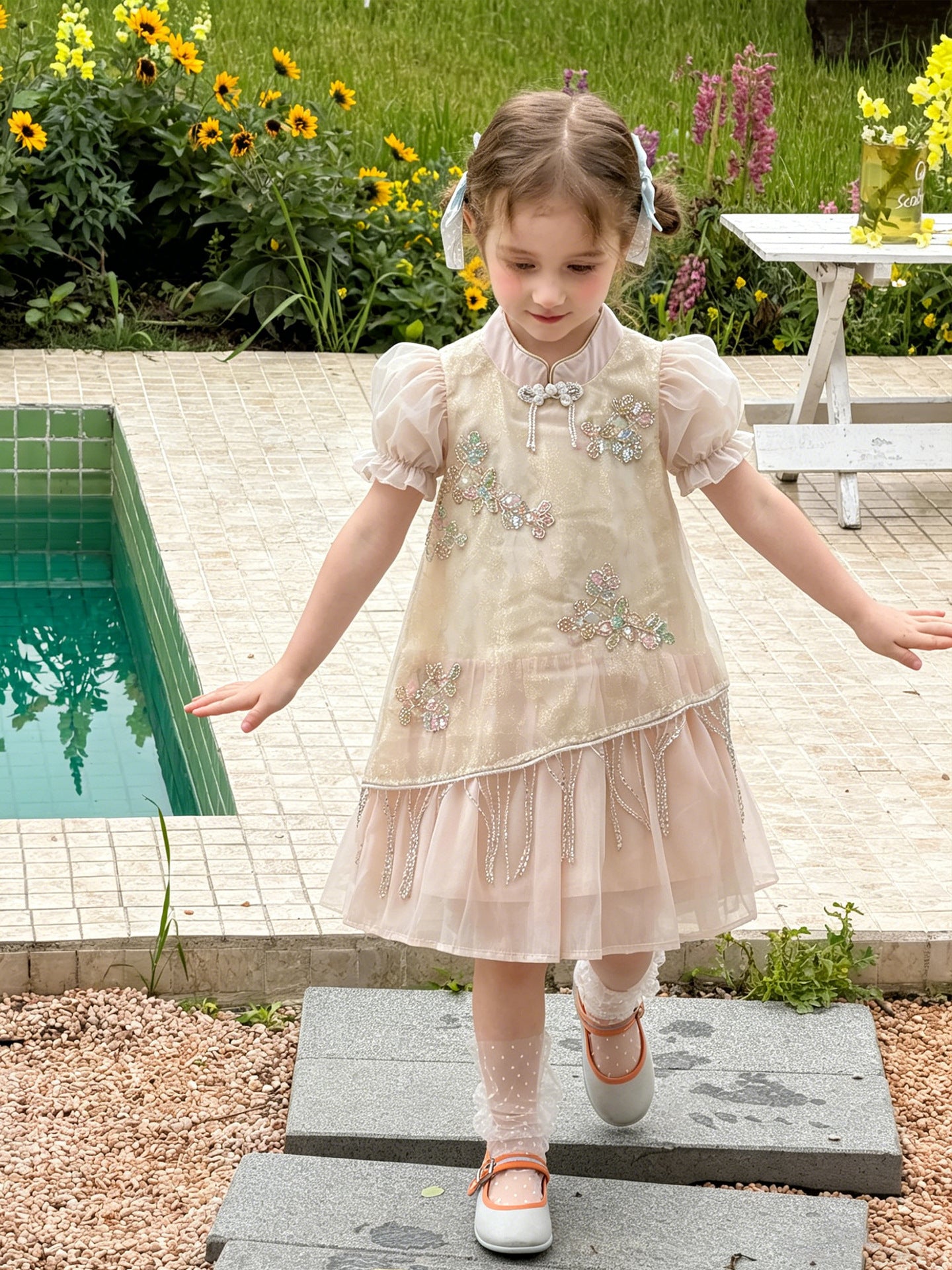 Summer Cotton Embroidery Beads Mesh Princess Children's Dress