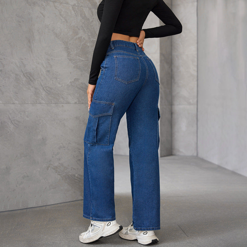 Women's Cargo Washed Loose Design High Waist Slimming Hip Hop Fashionable Jeans