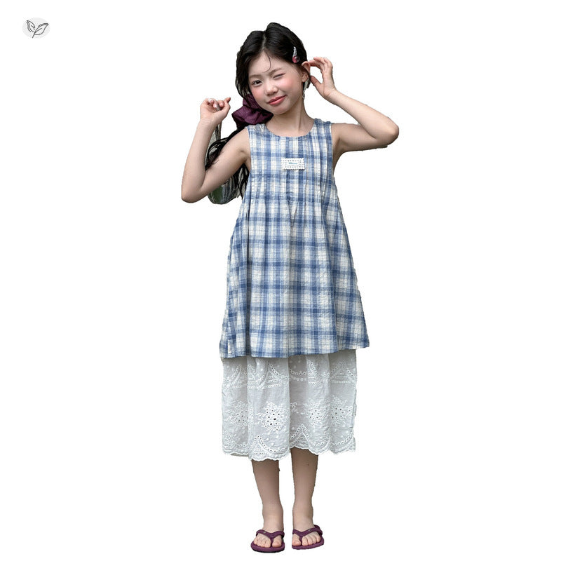 Children's Style Medium Big Blue White Plaid Sleeveless Fake Two-piece Lace Children's Dress