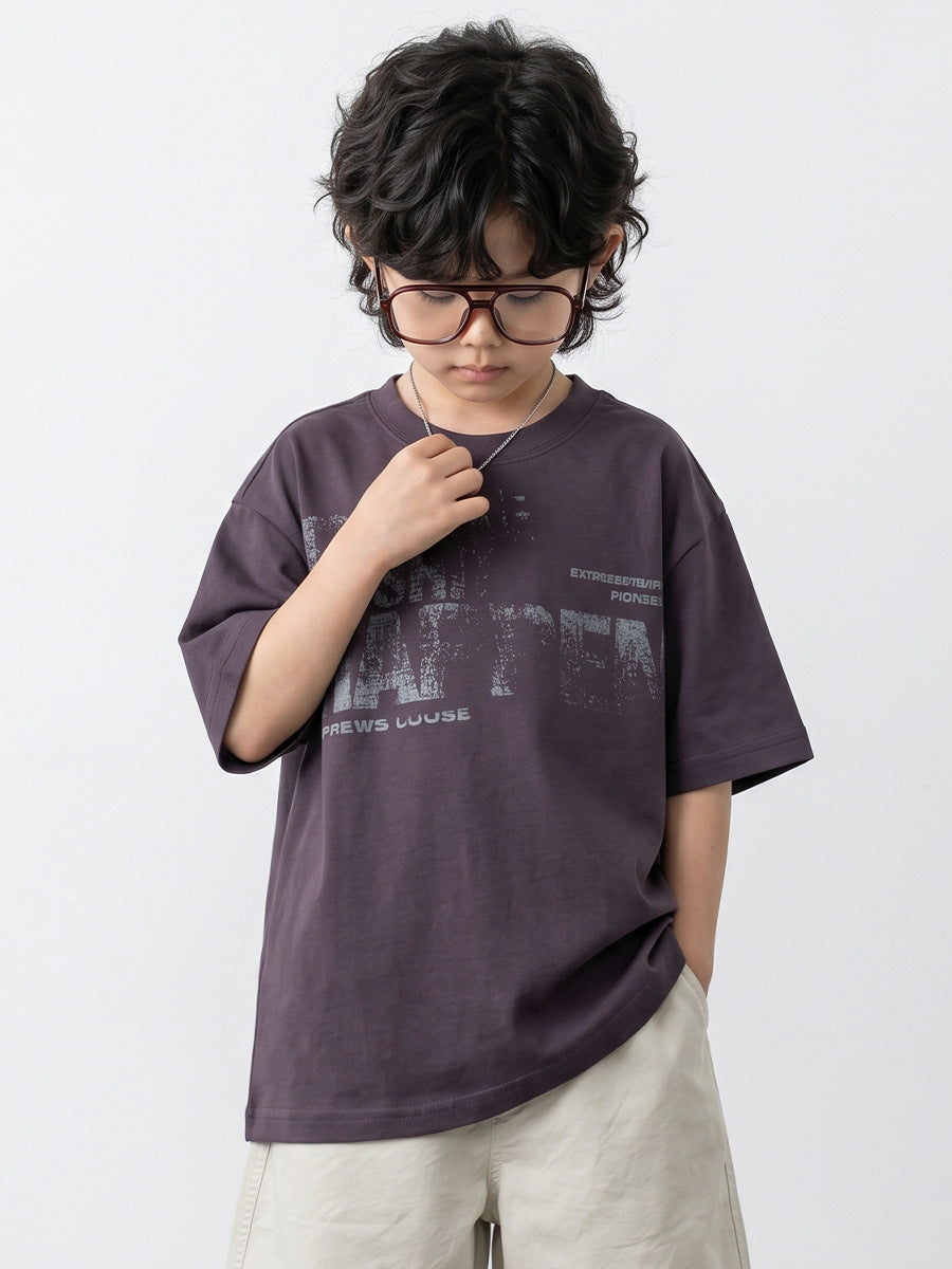 Children's Short Sleeve Medium Big Distressed Printed Half Top Loose Shoulder Children's T-shirt