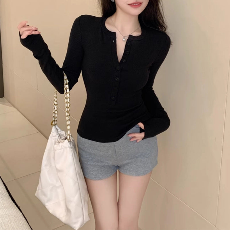 Women's Henley Collar Long-sleeved Design Single-breasted Slim Fit Tops