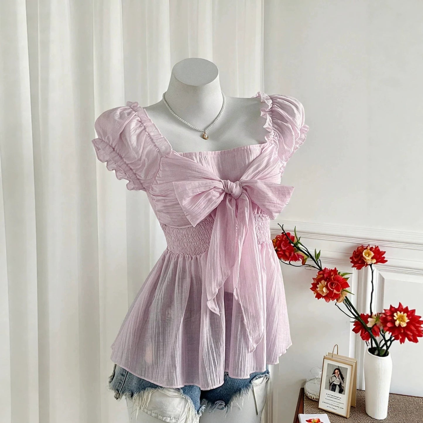 Sweet Fresh Bow Pleated Ruffle Sleeveless French Square Tops