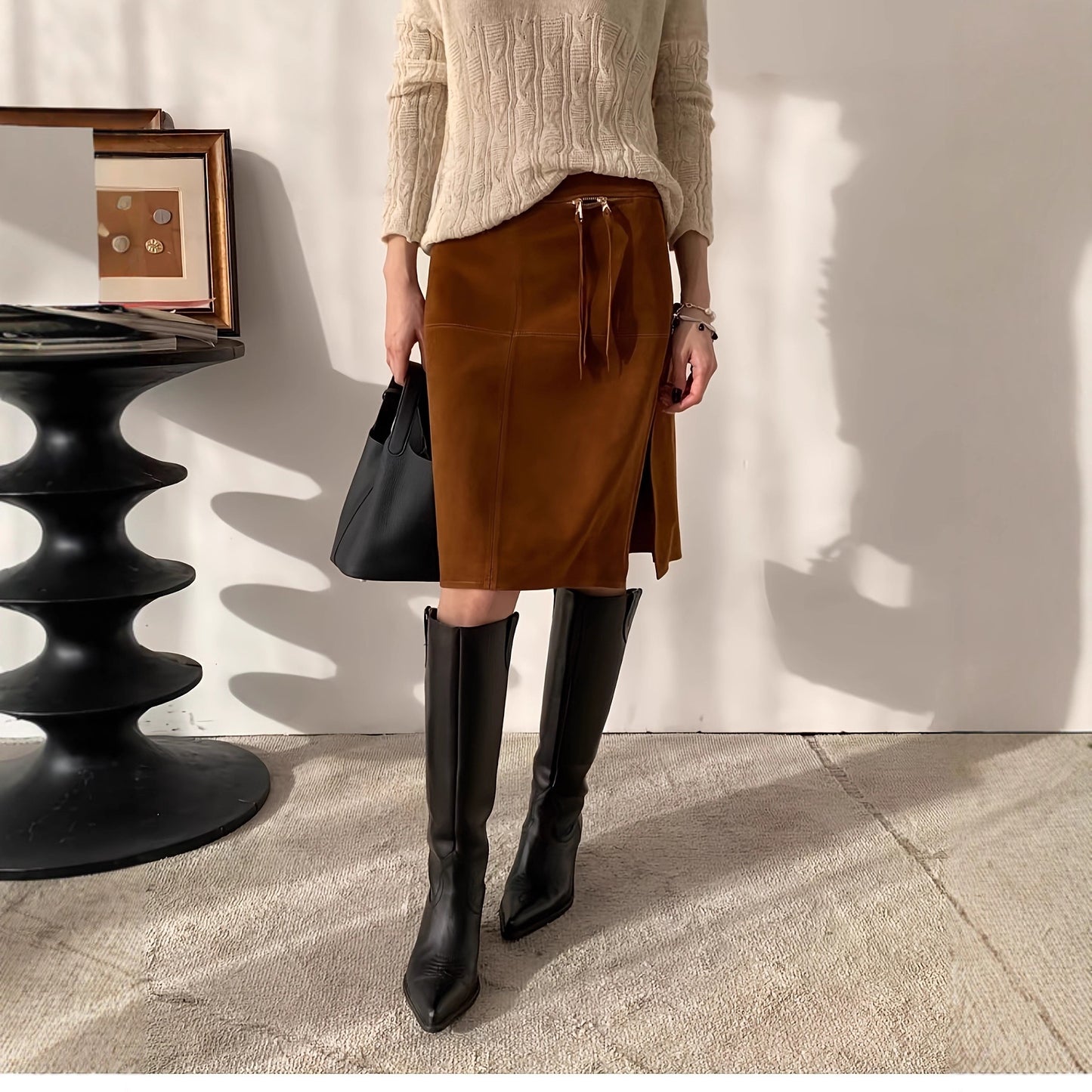 Casual Fashion Suede Old Money Style Retro Pure Skirt