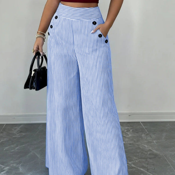 Women's Waist Wide Leg With Vertical Stripes Thin Casual Pants