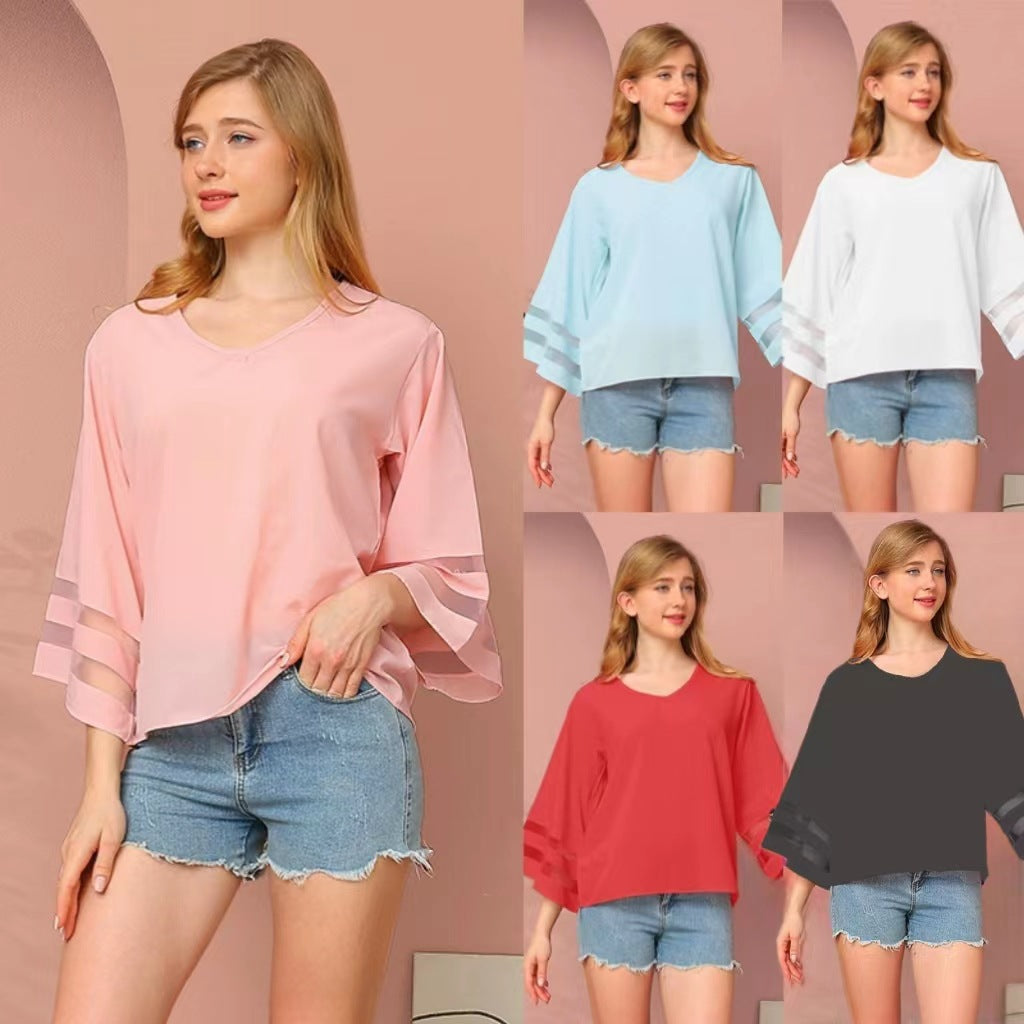 Women's Loose Mesh Stitching Sweet Fresh Style Lace Shirt, Chiffon Shirt