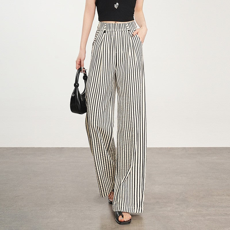 Women's Vertical Stripes Ice Silk Leisure High Waist Loose Small Casual Pants