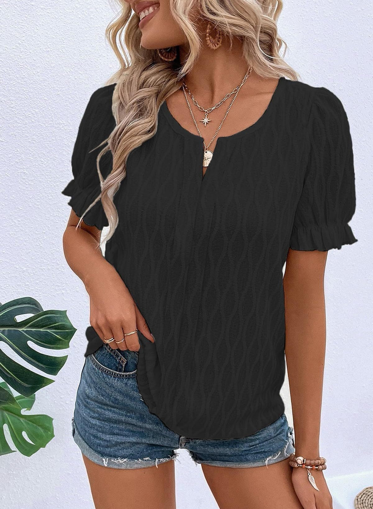 Women's T-shirt Puff Sleeve Jacquard Casual Loose Lace Shirt, Chiffon Shirt