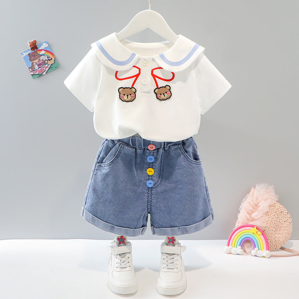 Summer Cute Lapel Short Sleeve Casual Denim Shorts Children's Suit