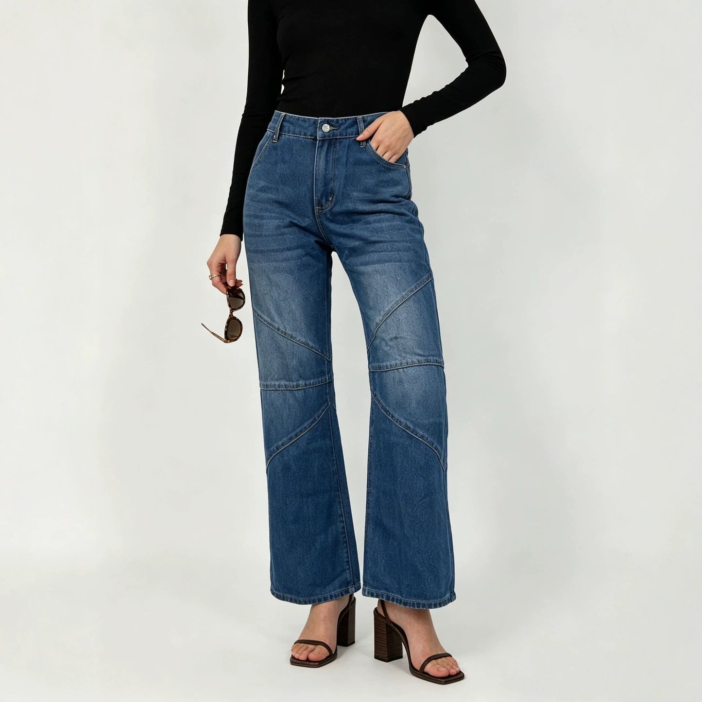 Women's Fashionable Pleated Washed High Street Straight Women's Jeans