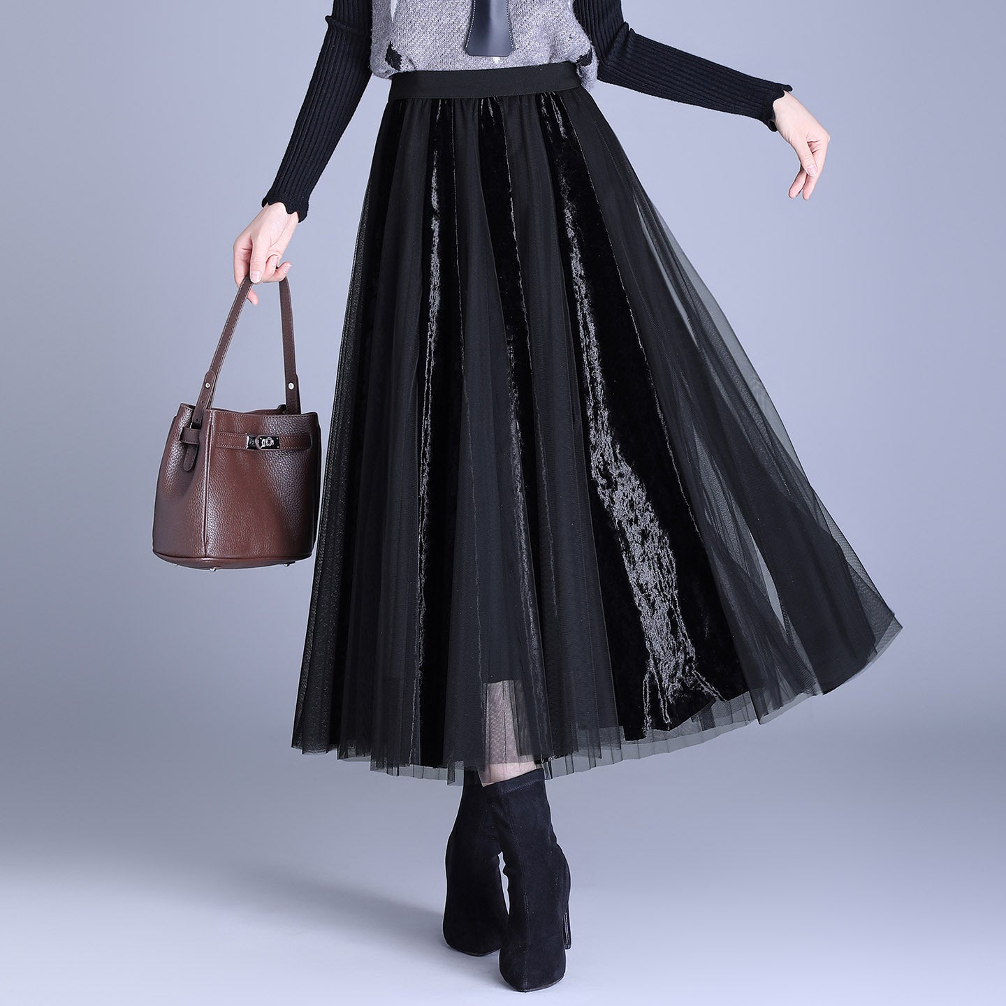 Women's Young Elegant Veet Mesh Patchwork Autumn Skirts