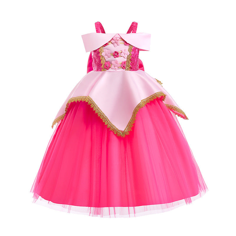 Sleeping Beauty Princess Long Pink Puffy Tulle Children's Dress
